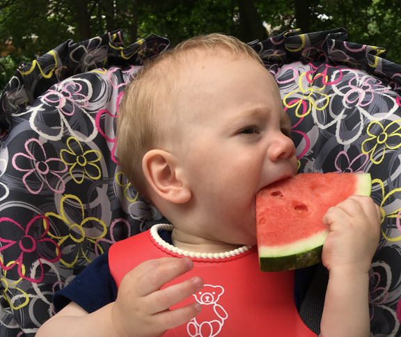 Henry loves watermelon, even if he can't quite get it into his mouth.